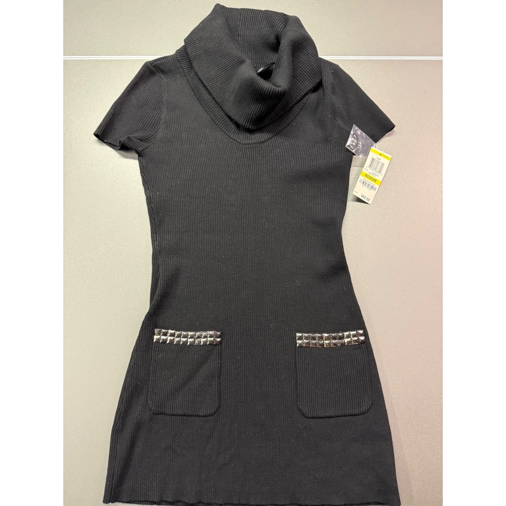 INC International Concepts Black Ribbed Cowl Neck Studded Sweater Dress Womens M